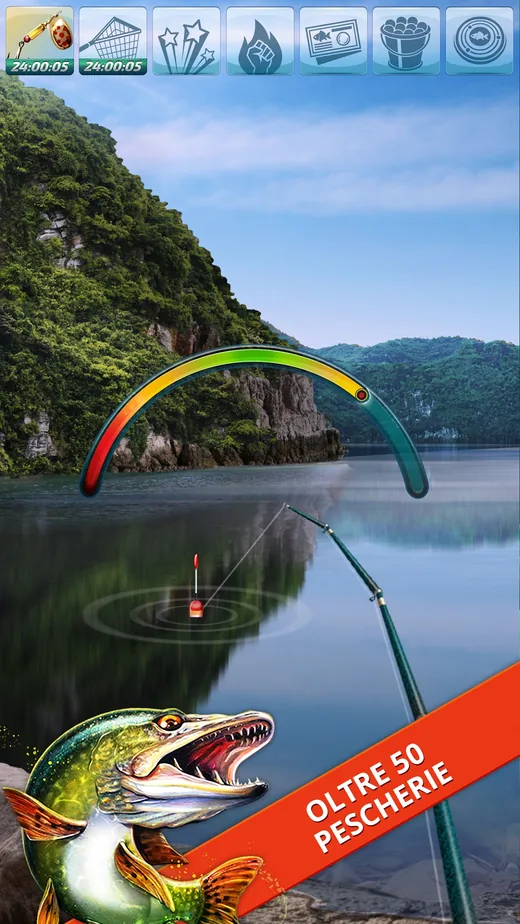 Arco di potenza rosso giallo e verde sopra un lago calmo, con il galleggiante gia in acqua in Let's Fish