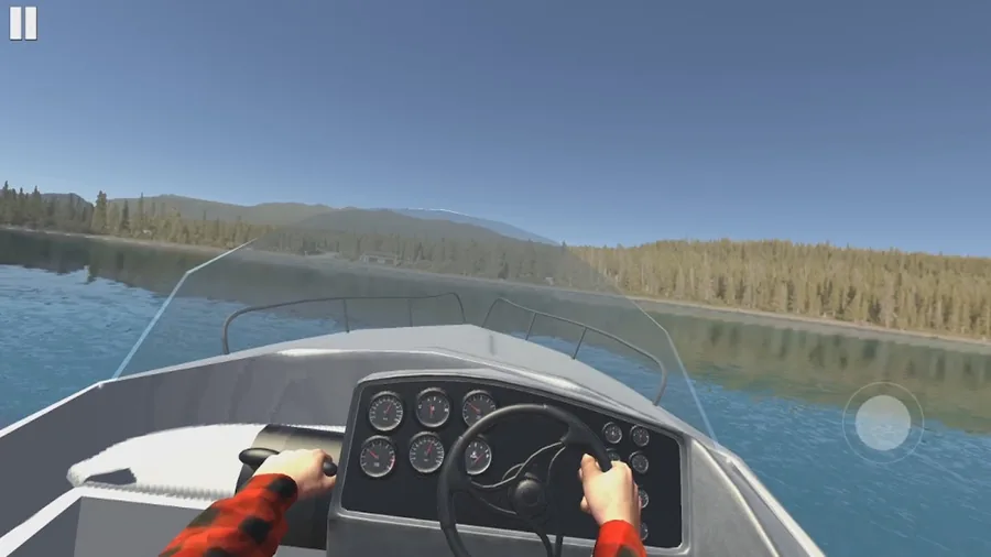 Quadro strumenti della barca a motore con sei quadranti e volante, lago e bosco di conifere davanti