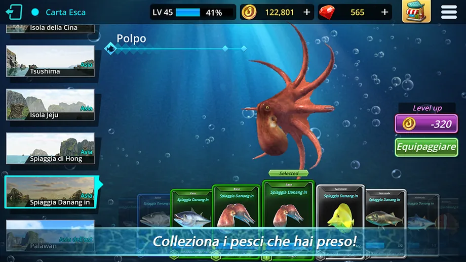 Carta esca del polpo con il pulsante Equipaggiare e il costo di 320 monete, accanto alla lista delle spiagge asiatiche