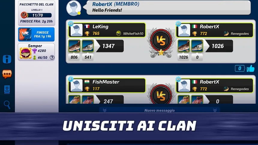 Schermata del clan con il pacchetto al livello 1 fermo a 11 su 70 e la chat aperta sul messaggio Hello Friends