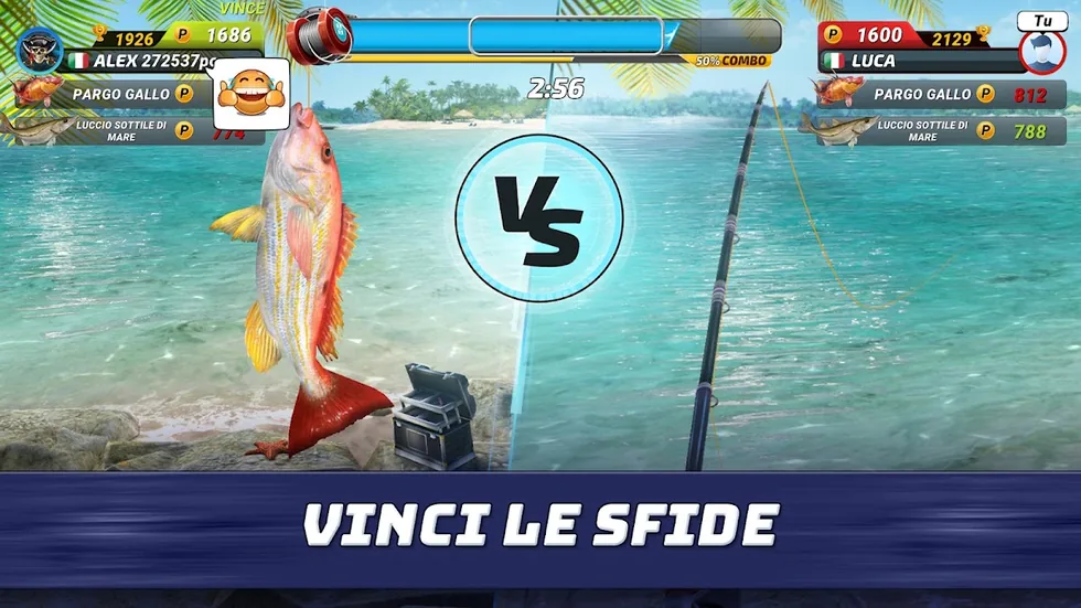 Schermata VS di Fishing Clash con i punteggi 1926 e 1686, il timer 2:56 e la scritta VINCI LE SFIDE