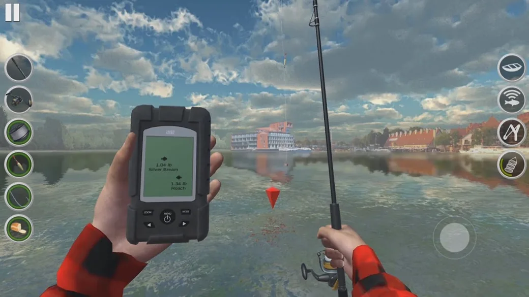 Ecoscandaglio tenuto in mano in Ultimate Fishing Simulator con le letture 1.04 lb Silver Bream e 1.34 lb Roach