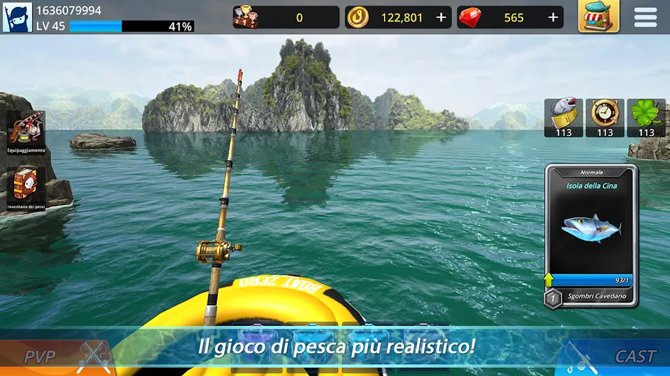 HUD in italiano con la scheda Isola della Cina e la preda Sgombri Cavedano sopra la banda Il gioco di pesca piu realistico