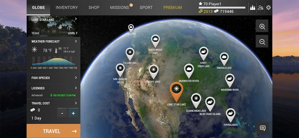 Mappamondo di Fishing Planet con i segnaposto di Lone Star Lake, Mudwater River e Blue Crab Island