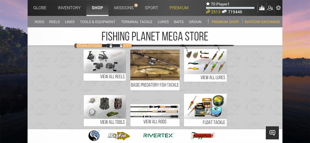 Sezione RODS REELS LINES del Fishing Planet Mega Store con i riquadri View all reels e Float tackle