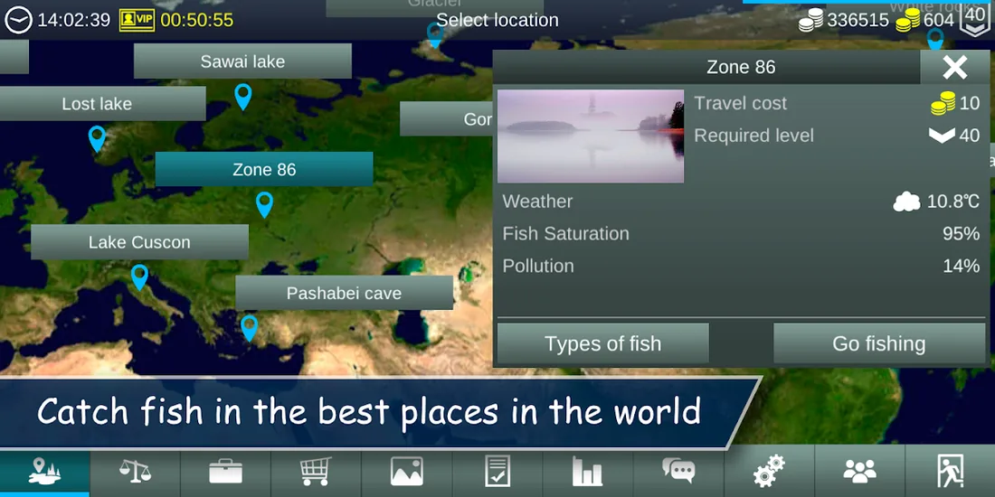 Scheda della Zone 86 con costo del viaggio 10, livello richiesto 40, saturazione 95 per cento e inquinamento 14 per cento